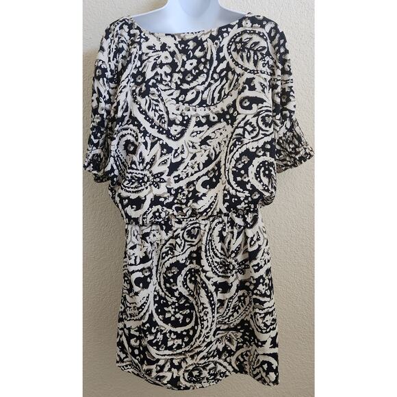 Ann Taylor LOFT Black Tan White Floral Print Elastic Waist Mini Dress XS Pull On - Picture 3 of 4